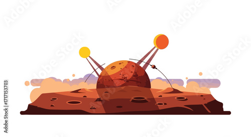 Mars illustration with probes landing on the red planet surface atmosphere