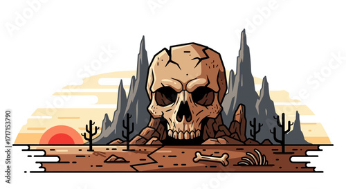 Cartoon illustration featuring a skull in a desert landscape at sunset with mountains