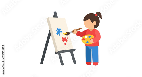 Cartoon girl artist painting on canvas with easel art supplies and creative expression  in studio