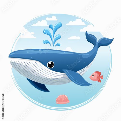 Vibrant ocean scene featuring a friendly blue whale spraying water, a small fish, and a seashell