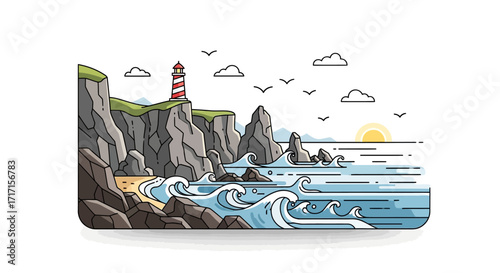 Serene Coastal Landscape with Lighthouse, Cliffs, and Ocean Waves Illustration