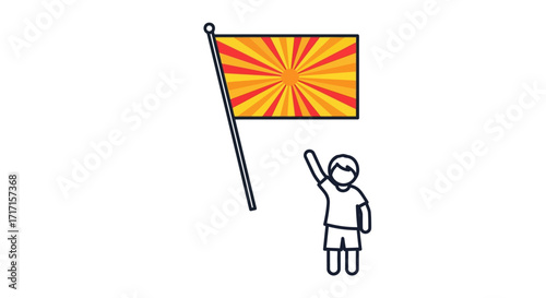 A cartoon illustration of a child waving near the flag of North Macedonia for national pride and