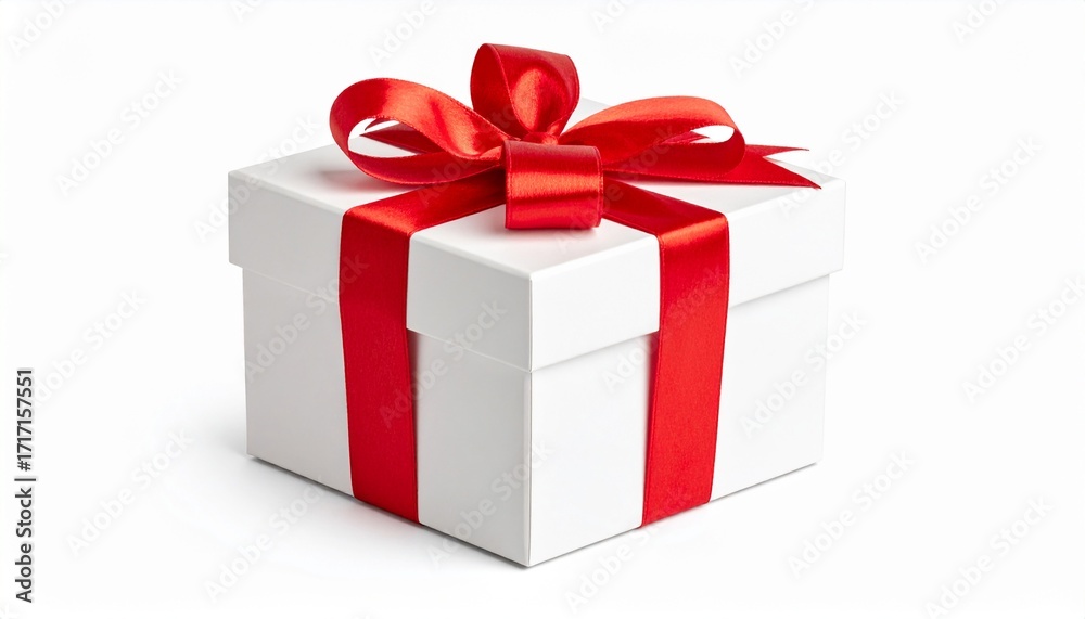 Fototapeta premium One White Gift Box With Red Bow From Satin Ribbon On White Isolated Background With Clipping Path. E.