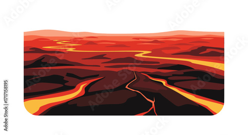 Illustrative Mars landscape featuring winding lava rivers under a reddish sky environment