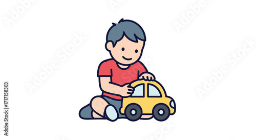 A delightful cartoon illustration of a child playing with a yellow toy car joyfully expressing