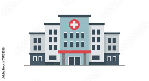 Stylized vector graphic illustration of a hospital building on a white background