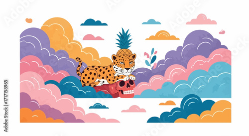 Vibrant illustration featuring a jaguar with a pineapple on its head and a skull against cloudscape