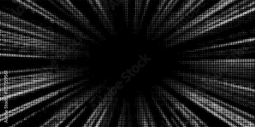Halftone radial texture. Comic style grain background. Pop art faded textured frame. Grunge speckle effect. Dotted particles print wallpaper. Pixelated gradient backdrop