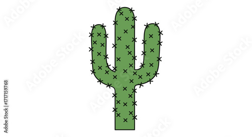 Illustration of a green cactus plant with black thorns isolated on a white background simple design