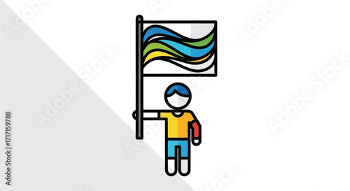 Illustration of a person holding a colorful flag, a symbol of freedom and expression of diversity