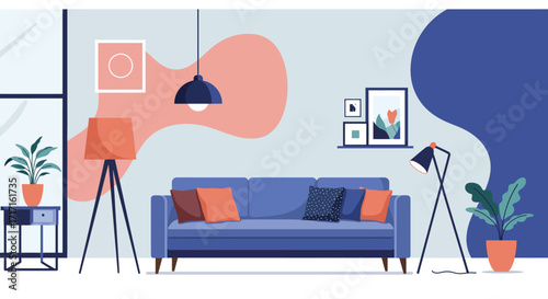 Modern living room interior with blue sofa plants and abstract art