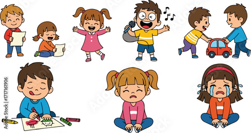 Group of children playing and expressing different emotions in a colorful cartoon style, showcasing childhood innocence and playful interactions.