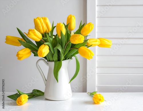 Yellow tulips in a white pitcher