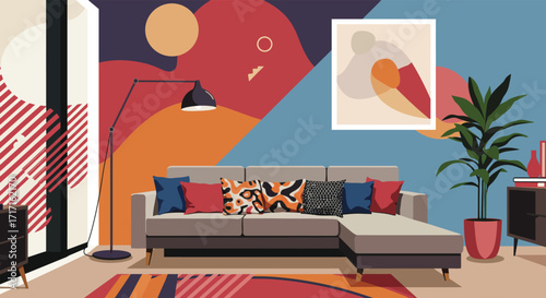 Modern living room interior with colorful abstract art and stylish decor