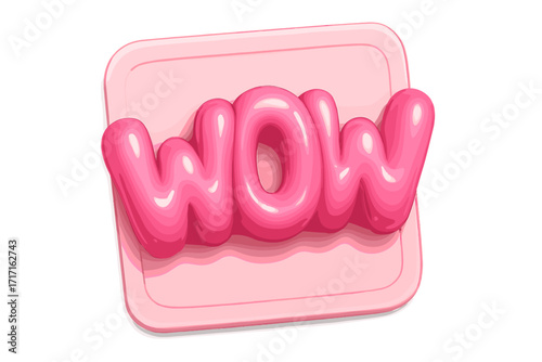 Wow 3D render text in pink bubble gum style. Realistic glossy plastic design element. Cartoon font sticker or icon for surprise, reaction, and messages. Isolated illustration.