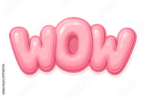 Wow 3d text effect sticker. Pink bubble gum style font. Cartoon lettering for fun, surprise, and promotion. Isolated glossy typography. Pop art speech bubble vector illustration.