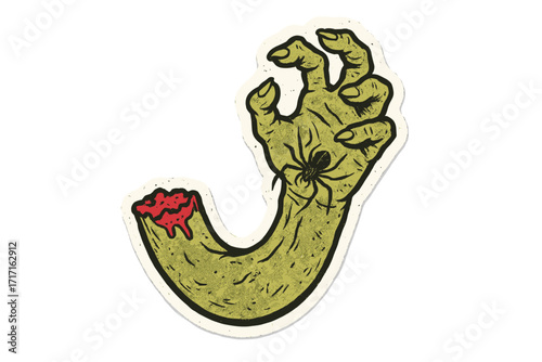 Vintage 90s zombie hand sticker. Creepy torn off green monster arm with blood and spider. Halftone retro horror illustration for Halloween. Spooky undead vector graphic.