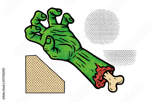 Retro zombie hand illustration in 90s Y2K pop art style. Severed monster arm for Halloween design. Creepy horror halftone collage element with dotted newspaper texture.