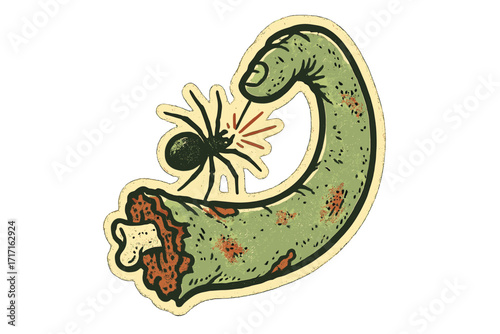 Torn off zombie hand. 90s vintage halftone vector. Green monster arm sticker with crawling spider. Halloween horror graphic. Creepy scary dead hand with exposed bone.