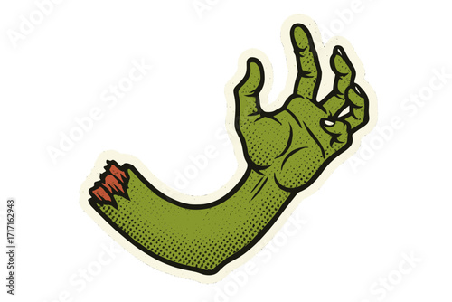 Vintage zombie arm illustration. Torn off green monster hand in retro 90s comic pop art style with halftone effect. Creepy undead limb for Halloween decoration or sticker.