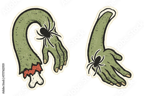 Vintage 90s zombie hand sticker set. Creepy torn-off green monster arm with bone and spider. Retro horror Halloween vector illustration with halftone grunge texture.