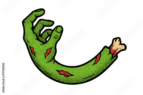 Vintage zombie hand illustration for Halloween. Green monster arm torn off with pop art halftone effect. Retro horror sticker design. Undead creature part with bloody wounds.