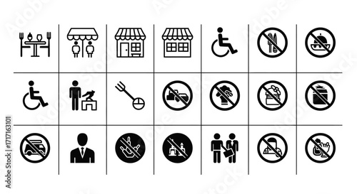 Vector Icons Set of A comprehensive collection of black and white vector icons for public signs and prohibitions including food drink pets and accessibility symbols. EPS Editable