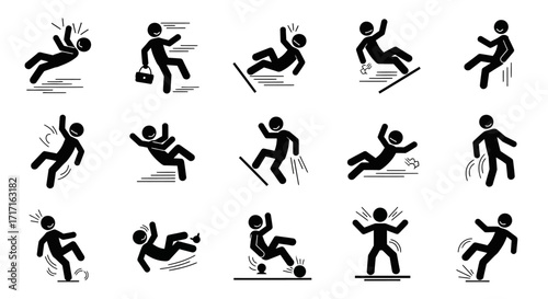 Vector Icons Set of A comprehensive set of stick figure icons showing people falling and slipping. EPS Editable