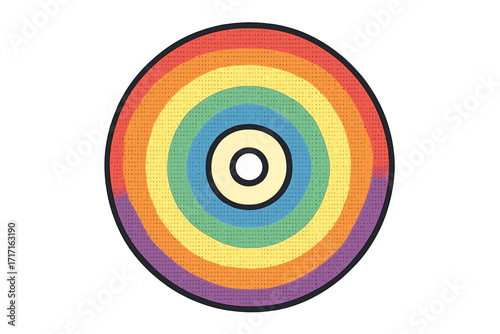 Rainbow CD or DVD disc with retro halftone texture. Vector graphic for music, audio, or pride concepts. Concentric circle design element. Vintage pop art style illustration.