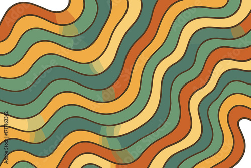 Retro groovy 70s background. Abstract trippy pattern with liquid flowing wavy lines in vintage colors. Psychedelic hippie style vector illustration for decoration and design.
