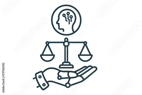 AI ethics icon with robot hand holding scales of justice. Concept for ethical AI, moral decision-making, law and machine learning. Vector of responsible technology.