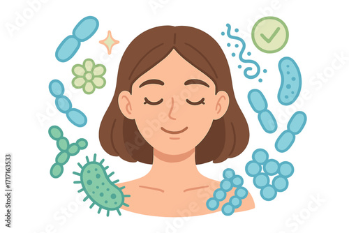 Balanced face microbiome. Normal flora of skin and mucous membranes. Probiotics and lactic acid bacteria collection. Good bacteria and microorganisms for healthy gut and skin.