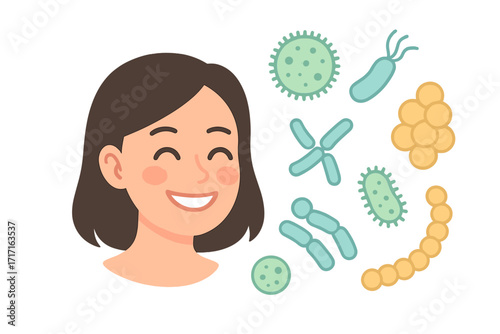 Face microbiome balance. Normal flora of skin. Probiotics, lactic acid bacteria concept. Good bacteria for gut health. Healthy woman beauty care vector illustration.