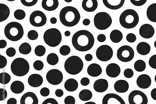 Bold shabby brush drawn doodle circles seamless pattern. Black and white rings and round shapes in grunge style with rough edges. Abstract blobs and organic spots vector.