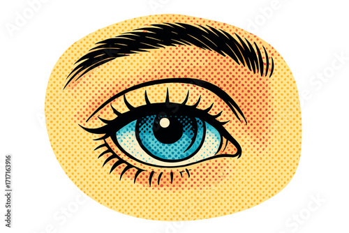 Pop Art comic woman's eye. Retro halftone vector. Vintage beautiful girl's face detail. Macro view of a blue eye with long eyelashes. Beauty, looking, seeing, vision concept.