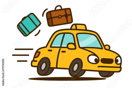 Funny cartoon yellow taxi driving fast, losing luggage. Cute character car in a hurry. Travel concept, airport transfer stress. Suitcases falling from roof. Vector illustration.