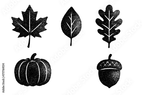 Autumn fall icon set with photocopy grunge texture. Vector elements collection of maple leaf, oak leaf, pumpkin, and acorn. Seasonal grainy stippling y2k aesthetic design.