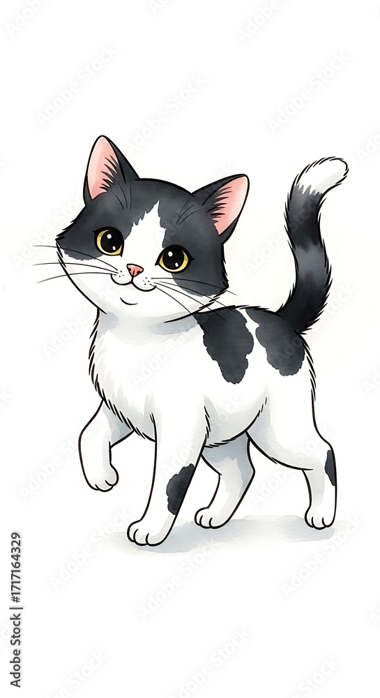Fototapeta premium A charming illustration of a black and white kitten, featuring a cheerful expression and adorable design elements.