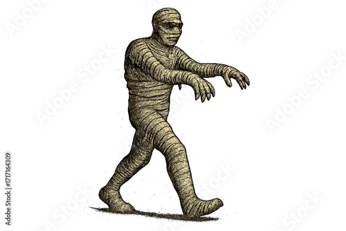 Mummy monster walking. Halloween undead character. Ancient Egypt creature. Spooky horror person in vintage engraved dotwork style. Retro fantasy drawing vector illustration.