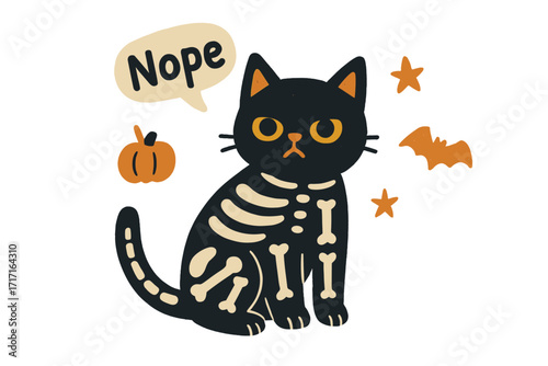 Black cat in skeleton costume on Halloween. Grumpy kitten celebrating a spooky party. Funny lettering Nope in a speech bubble. Hand drawn flat vector cartoon illustration.