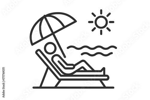 Beach sunbathing line icon. Man relaxing on a deck chair under an umbrella by the sea. Summer vacation, seaside relaxation, tanning, holidays and tropical travel vector.