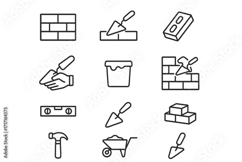 Bricklaying construction line icon set. Masonry and building work symbols. Vector collection of brick wall, trowel, cement, hammer, and level tool for web and apps. Editable stroke.