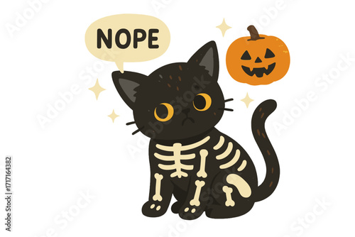 Grumpy black cat in skeleton costume says nope. Funny Halloween vector illustration. Cute sad kitten character with jack o lantern for party invitation or greeting card.