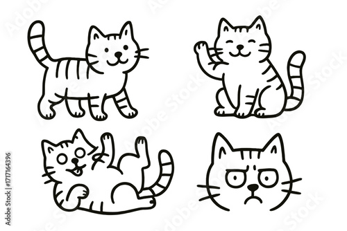 Funny doodle outline tabby cats set. Hand drawn linear vector illustration. Cartoon character with different emotions, happy, grumpy, playing. Cute kitten mascot collection.