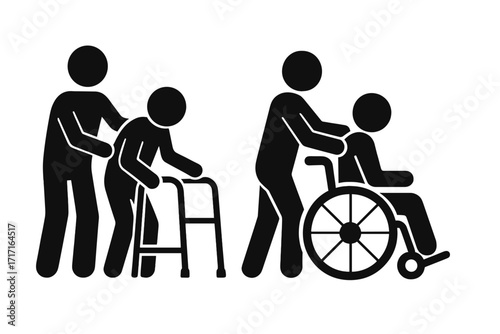 Caretaker and old age senior with physical disability icon set. Therapy caregiver, elder patient assistance, nursing home vector graphic symbols. Man with walker and wheelchair.