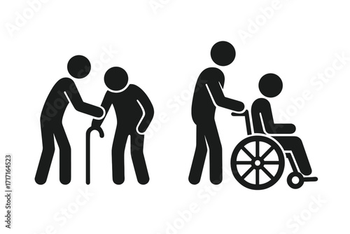 Caretaker and senior with disability icon set. Therapy, caregiver, and elder patient assistance concept. Nursing home help. Vector graphic symbols for elderly and disabled people.