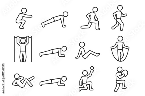 Bodyweight fitness icon set. Thin line editable stroke icons for workout, strength training, calisthenics, cardio. Home exercises, gym routine, plank, squat, lunge, pull up.
