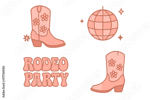 Rodeo party vector set. Groovy cowgirl boots, disco ball, retro lettering. Western disco graphic elements for bachelorette party. Girly country western clipart collection.