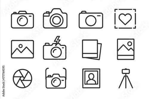 Photo camera line icon set. Photography thin linear icons. Editable stroke. Vector symbols for web, apps. Contains camera, dslr, flash, tripod, aperture, picture, image.
