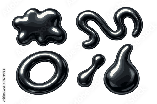 Dark chrome liquid 3d shapes set in y2k style. Isolated realistic metal silver melt fluid form. Aesthetic futuristic 3d render. Brutalist abstract graphic element.